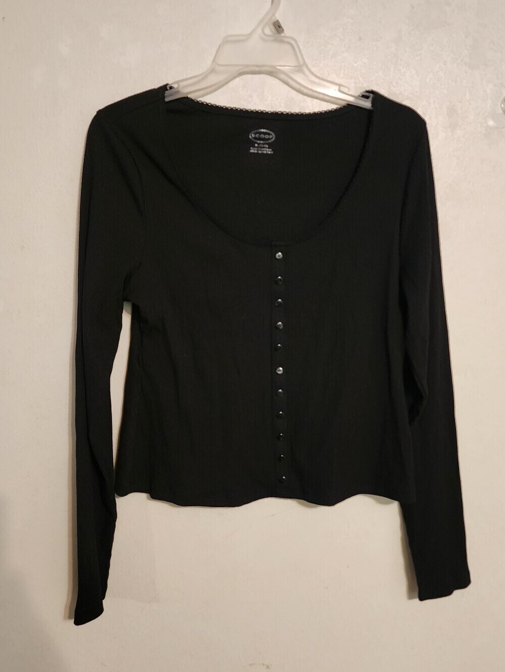 Scoop Black Long-Sleeve Ribbed Top Buttons Size XL NWOT